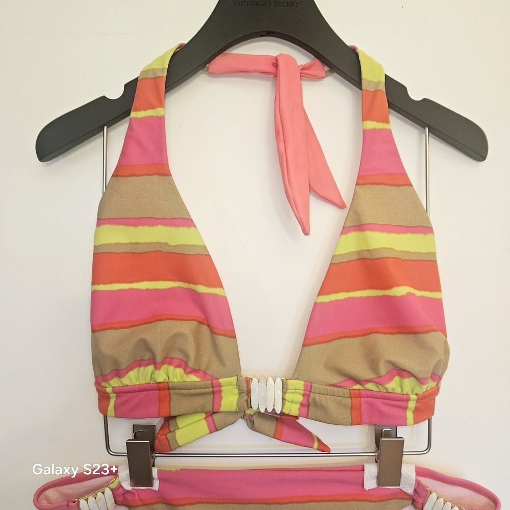 Gossip Collection 2010 Bikini Womens Sz L Neon Stripe Shell Hardware Resort Swim - Picture 3 of 16